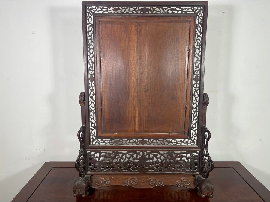 Outstanding Vintage Chinese Freestanding Intricately Carved Rosewood Mirror Flanked By Carved Foo Dogs - 31W X 12D X 43H - Must See In Person [Photo 32]