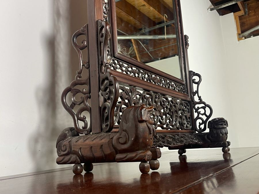 Outstanding Vintage Chinese Freestanding Intricately Carved Rosewood Mirror Flanked By Carved Foo Dogs - 31W X 12D X 43H - Must See In Person [Photo 25]