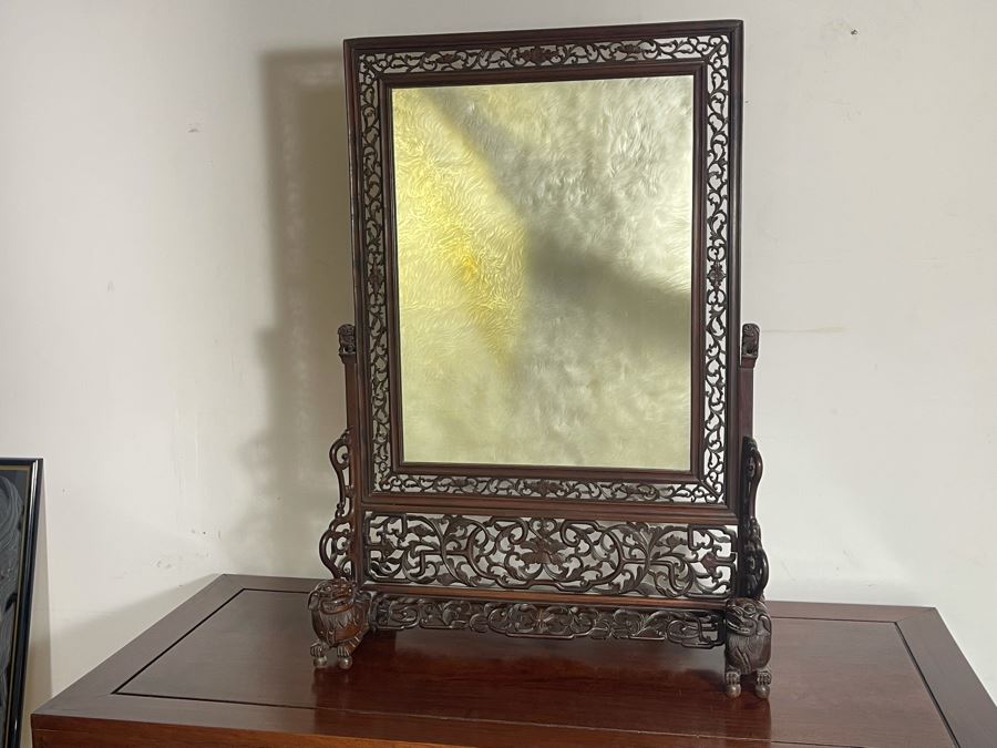 Outstanding Vintage Chinese Freestanding Intricately Carved Rosewood Mirror Flanked By Carved Foo Dogs - 31W X 12D X 43H - Must See In Person [Photo 9]