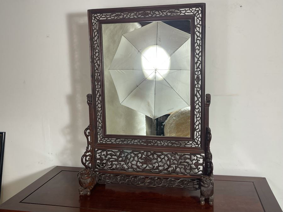 Outstanding Vintage Chinese Freestanding Intricately Carved Rosewood Mirror Flanked By Carved Foo Dogs - 31W X 12D X 43H - Must See In Person [Photo 3]