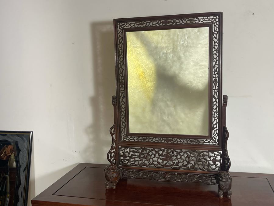Outstanding Vintage Chinese Freestanding Intricately Carved Rosewood Mirror Flanked By Carved Foo Dogs - 31W X 12D X 43H - Must See In Person [Photo 7]