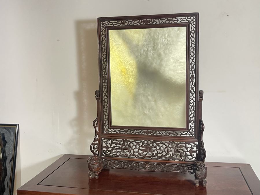 Outstanding Vintage Chinese Freestanding Intricately Carved Rosewood Mirror Flanked By Carved Foo Dogs - 31W X 12D X 43H - Must See In Person [Photo 6]
