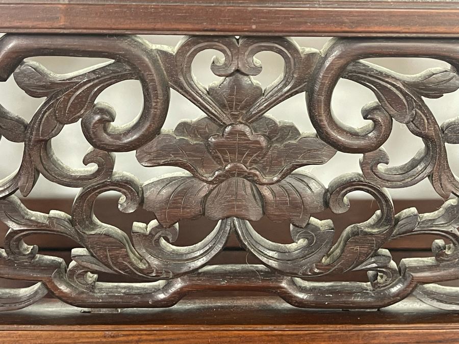 Outstanding Vintage Chinese Freestanding Intricately Carved Rosewood Mirror Flanked By Carved Foo Dogs - 31W X 12D X 43H - Must See In Person [Photo 17]