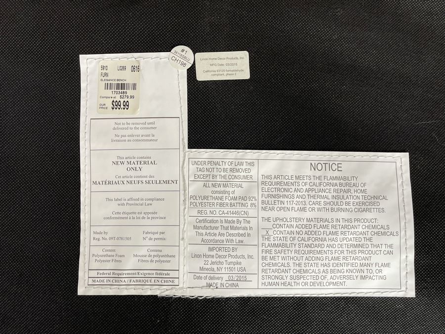 Elegance Tufted Bench 41W X 19D X 17H Retails $279 [Photo 4]