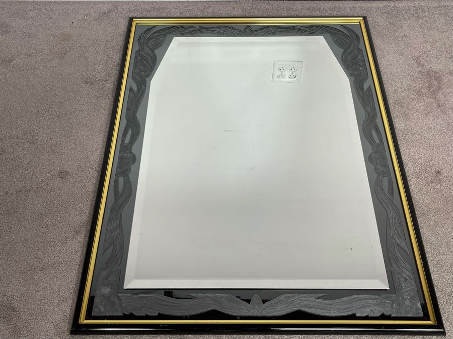 Very Heavy Beveled Glass Mirror With Etched Glass Border In Black And Gold Frame 33 X 44 [Photo 11]
