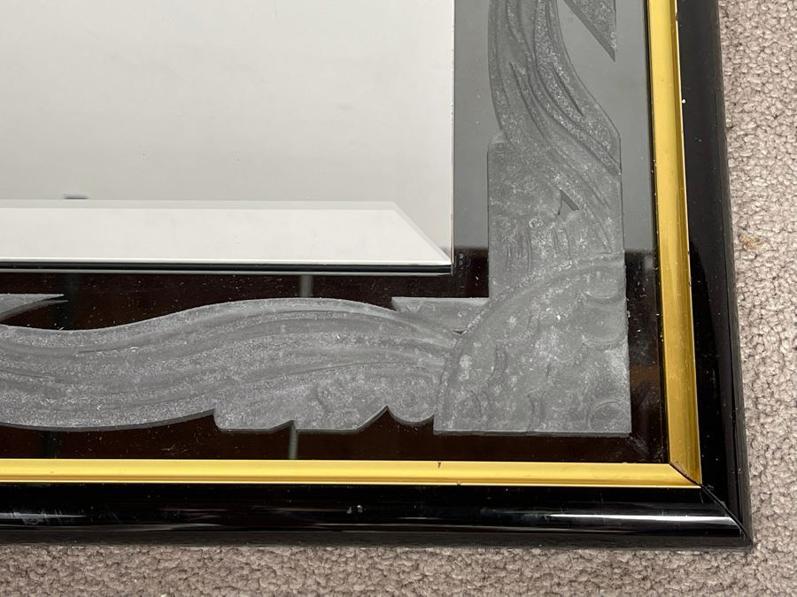 Very Heavy Beveled Glass Mirror With Etched Glass Border In Black And Gold Frame 33 X 44 [Photo 4]