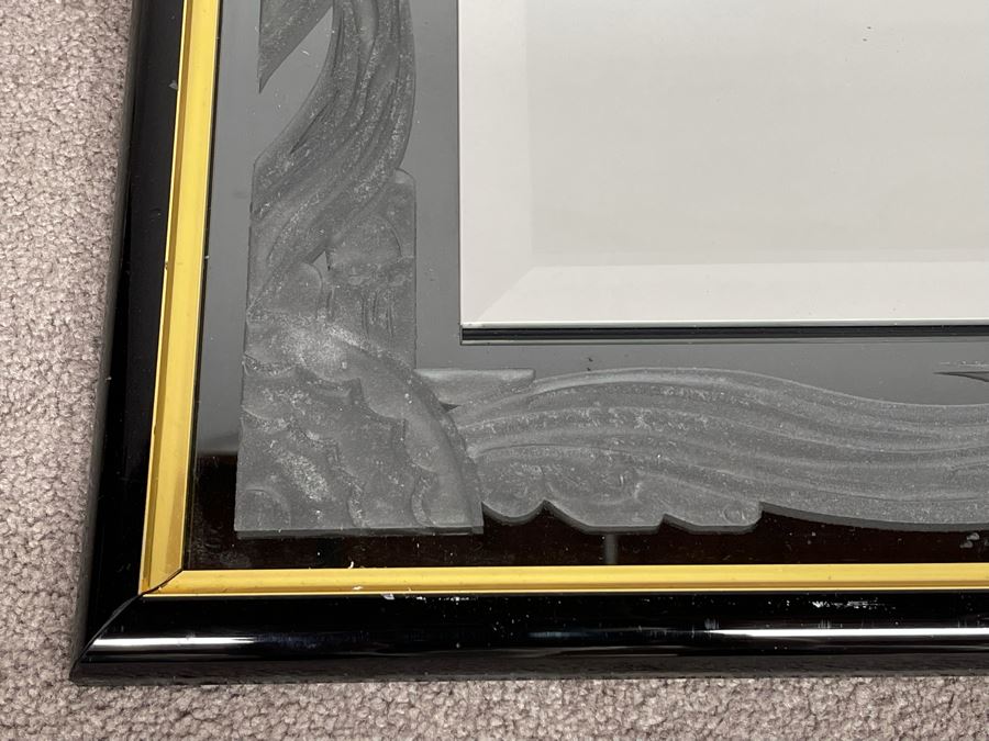 Very Heavy Beveled Glass Mirror With Etched Glass Border In Black And Gold Frame 33 X 44 [Photo 6]
