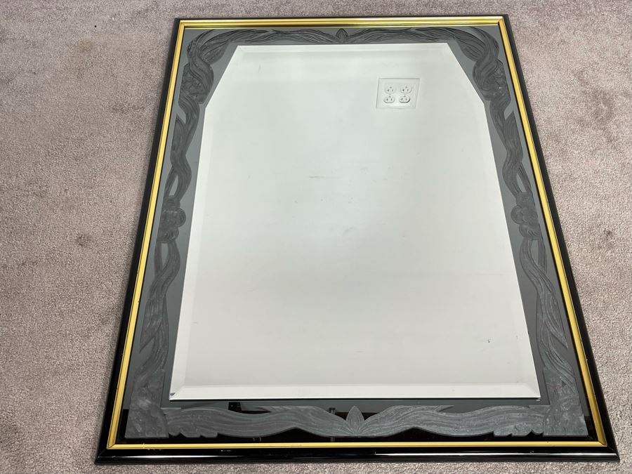 Very Heavy Beveled Glass Mirror With Etched Glass Border In Black And Gold Frame 33 X 44 [Photo 2]