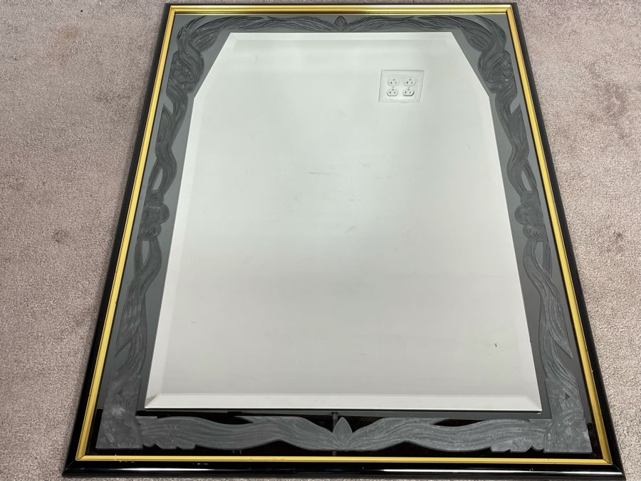 Very Heavy Beveled Glass Mirror With Etched Glass Border In Black And Gold Frame 33 X 44 [Photo 1]