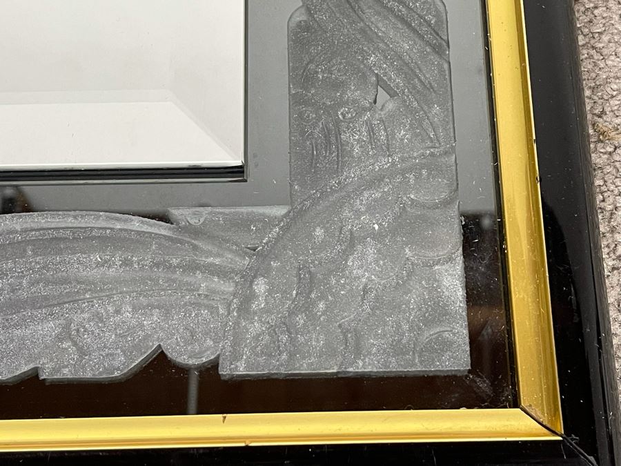 Very Heavy Beveled Glass Mirror With Etched Glass Border In Black And Gold Frame 33 X 44 [Photo 3]