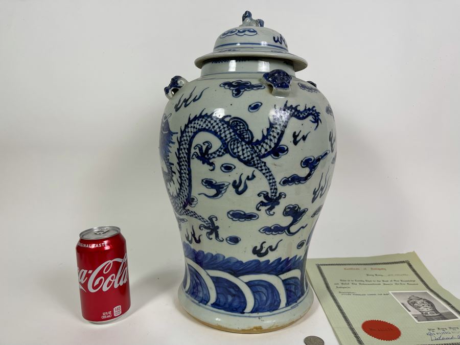 Antique Chinese Porcelain Blue And White Dragon Ginger Jar 18H X 10W With Certificate Of Antiquity [Photo 8]