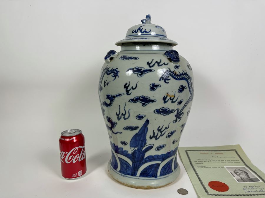Antique Chinese Porcelain Blue And White Dragon Ginger Jar 18H X 10W With Certificate Of Antiquity [Photo 9]