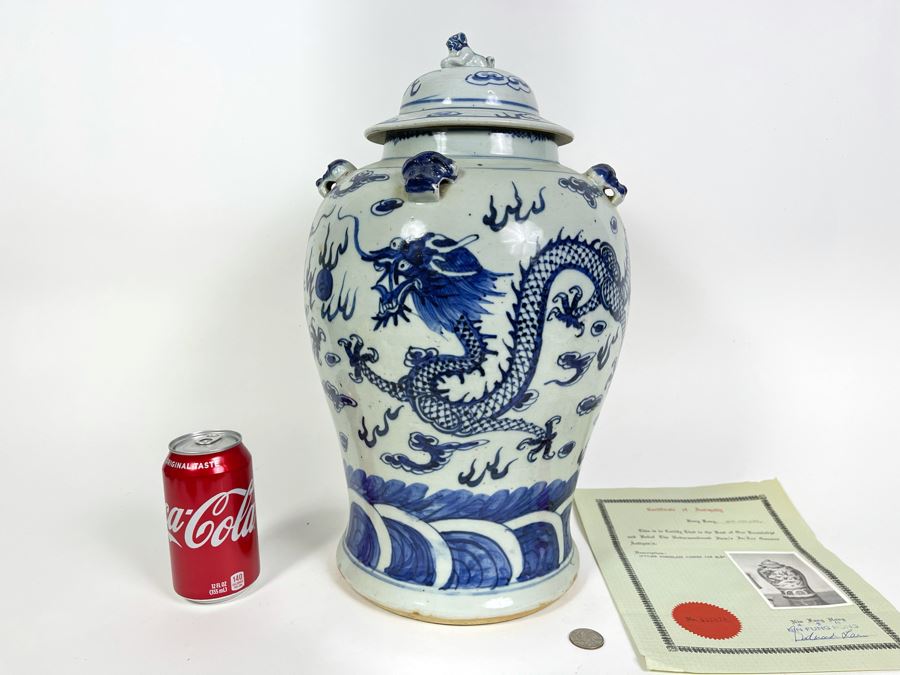 Antique Chinese Porcelain Blue And White Dragon Ginger Jar 18H X 10W With Certificate Of Antiquity [Photo 3]
