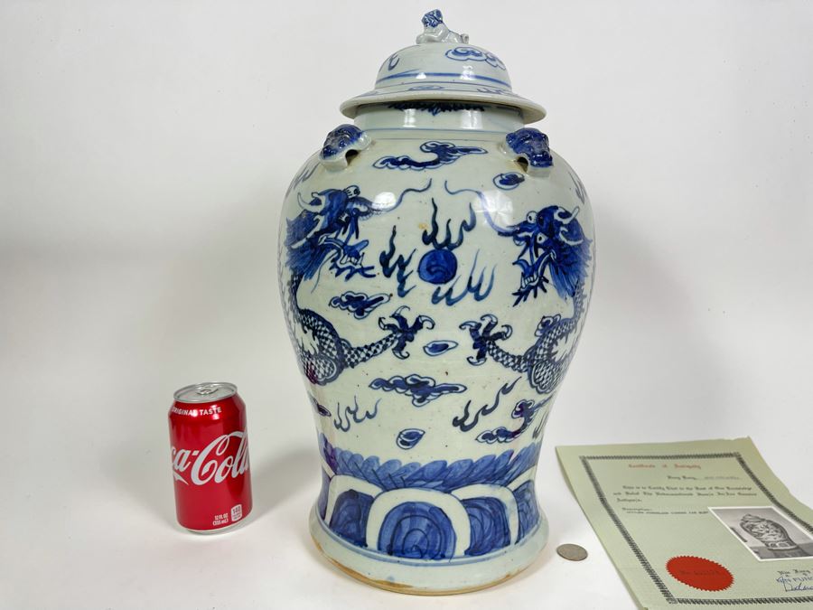 Antique Chinese Porcelain Blue And White Dragon Ginger Jar 18H X 10W With Certificate Of Antiquity [Photo 25]