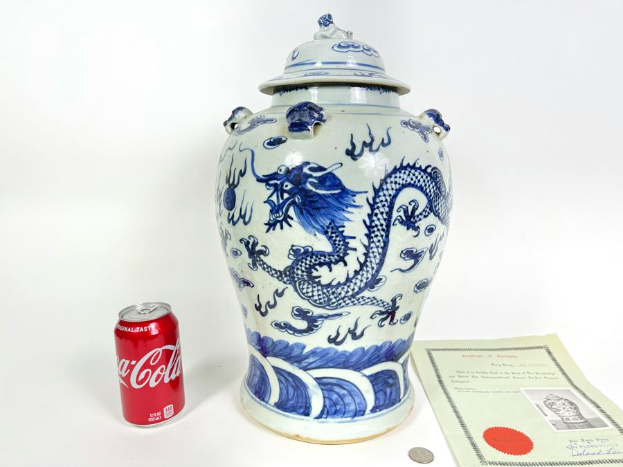 Antique Chinese Porcelain Blue And White Dragon Ginger Jar 18H X 10W With Certificate Of Antiquity [Photo 2]