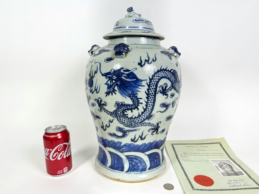Antique Chinese Porcelain Blue And White Dragon Ginger Jar 18H X 10W With Certificate Of Antiquity