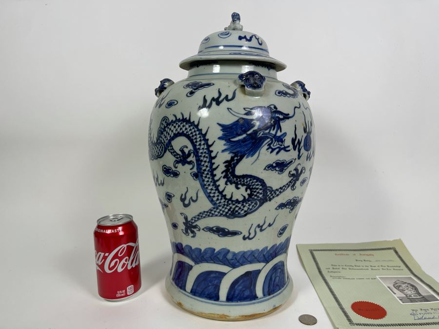 Antique Chinese Porcelain Blue And White Dragon Ginger Jar 18H X 10W With Certificate Of Antiquity [Photo 11]