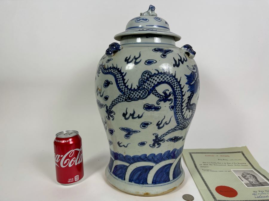 Antique Chinese Porcelain Blue And White Dragon Ginger Jar 18H X 10W With Certificate Of Antiquity [Photo 10]