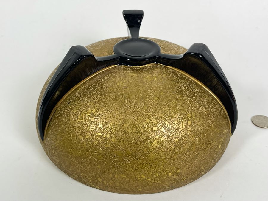 Art Deco Gold Decorated Footed Black Glass Bowl 8.75R X 4.5H [Photo 8]