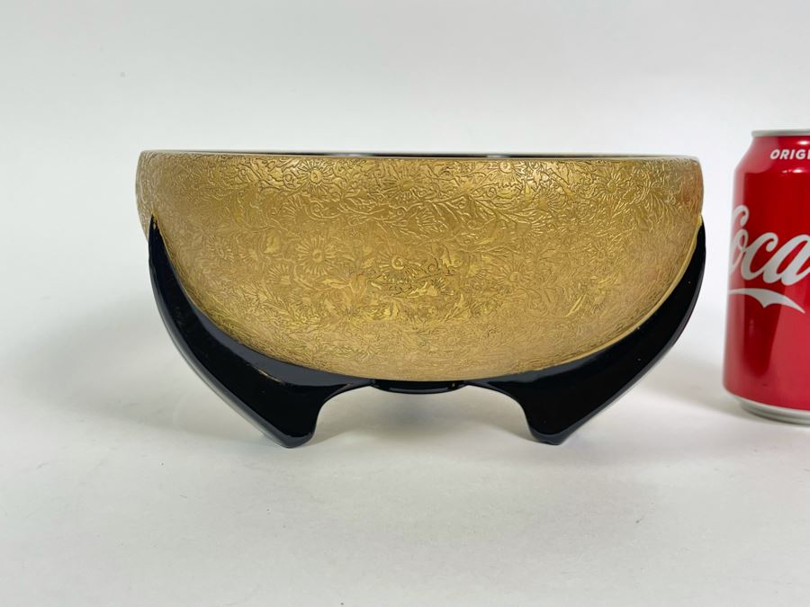 Art Deco Gold Decorated Footed Black Glass Bowl 8.75R X 4.5H [Photo 2]