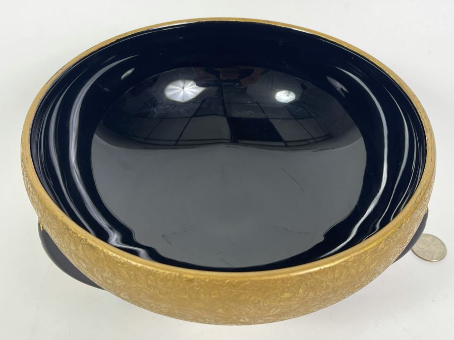 Art Deco Gold Decorated Footed Black Glass Bowl 8.75R X 4.5H [Photo 6]