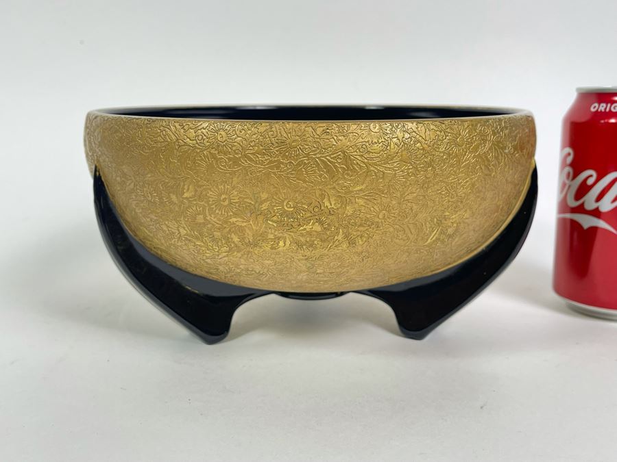 Art Deco Gold Decorated Footed Black Glass Bowl 8.75R X 4.5H [Photo 1]