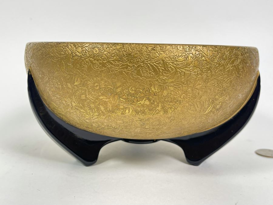 Art Deco Gold Decorated Footed Black Glass Bowl 8.75R X 4.5H [Photo 4]
