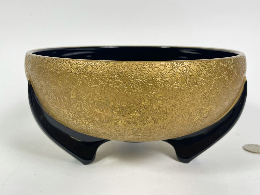 Art Deco Gold Decorated Footed Black Glass Bowl 8.75R X 4.5H [Photo 3]