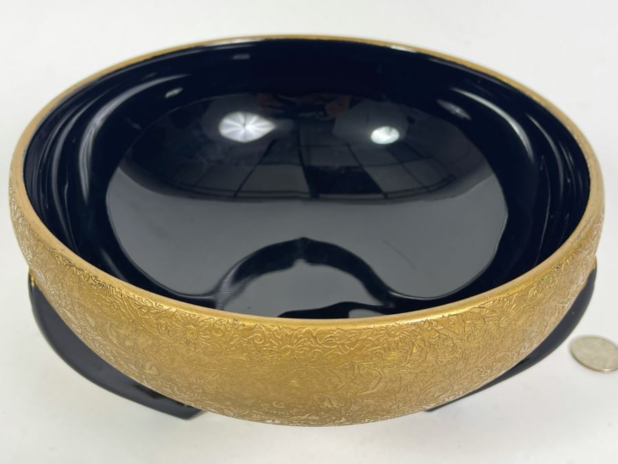 Art Deco Gold Decorated Footed Black Glass Bowl 8.75R X 4.5H [Photo 5]