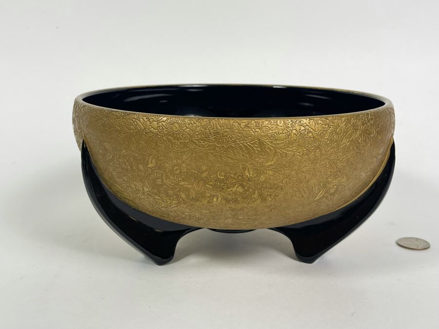 Art Deco Gold Decorated Footed Black Glass Bowl 8.75R X 4.5H [Photo 7]