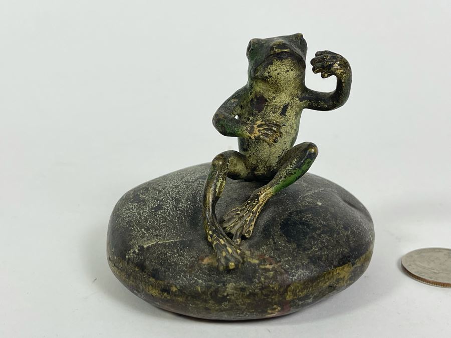 Old Painted Bronze Of Frog Sitting On Rock 3W X 3H [Photo 2]