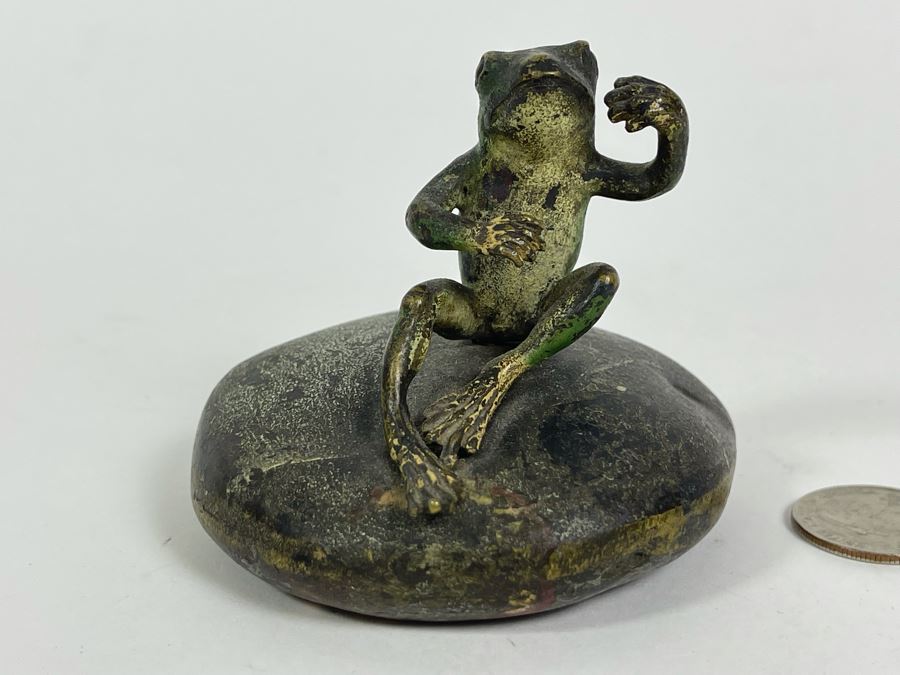 Old Painted Bronze Of Frog Sitting On Rock 3W X 3H [Photo 1]