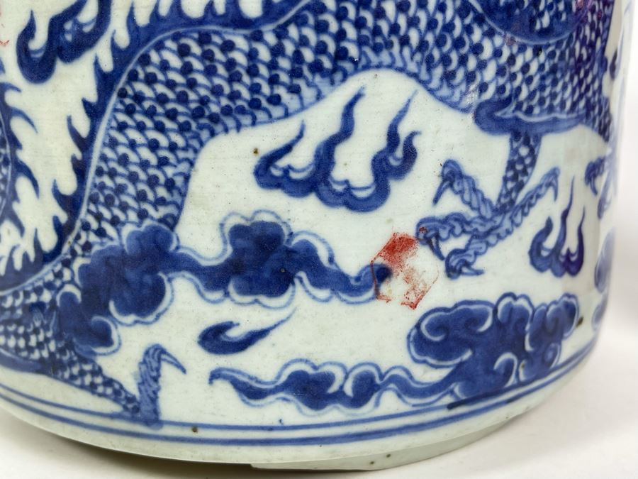 Antique Chinese Blue And White Porcelain Dragon Design Flower Pot 8.5W X 6.5H With Wooden Stand [Photo 11]