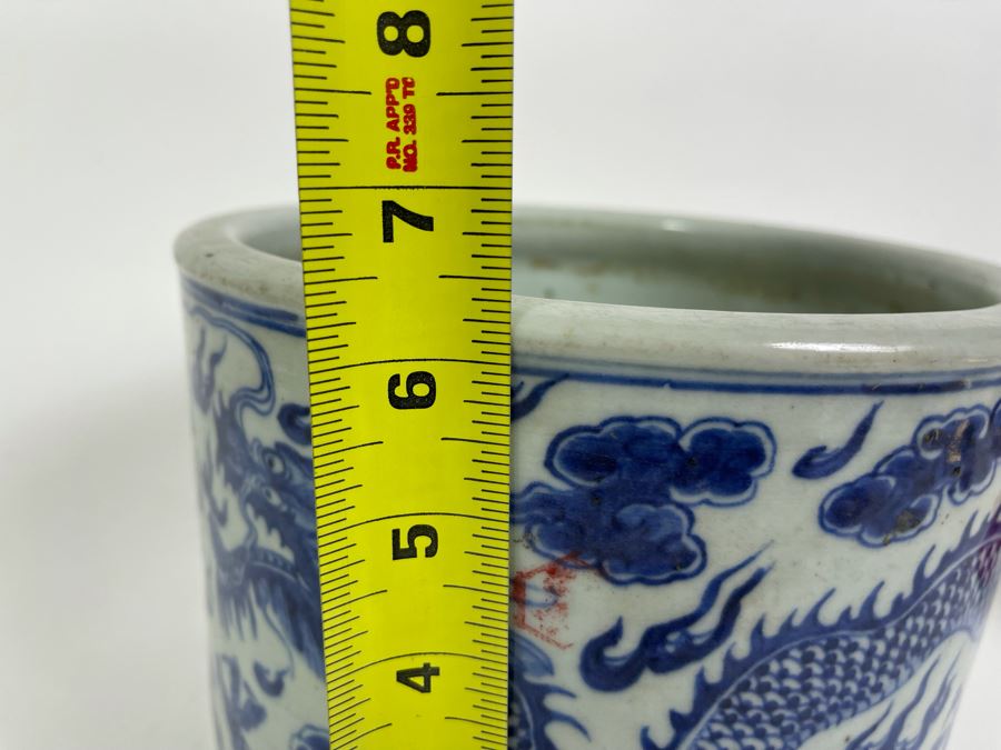 Antique Chinese Blue And White Porcelain Dragon Design Flower Pot 8.5W X 6.5H With Wooden Stand [Photo 27]