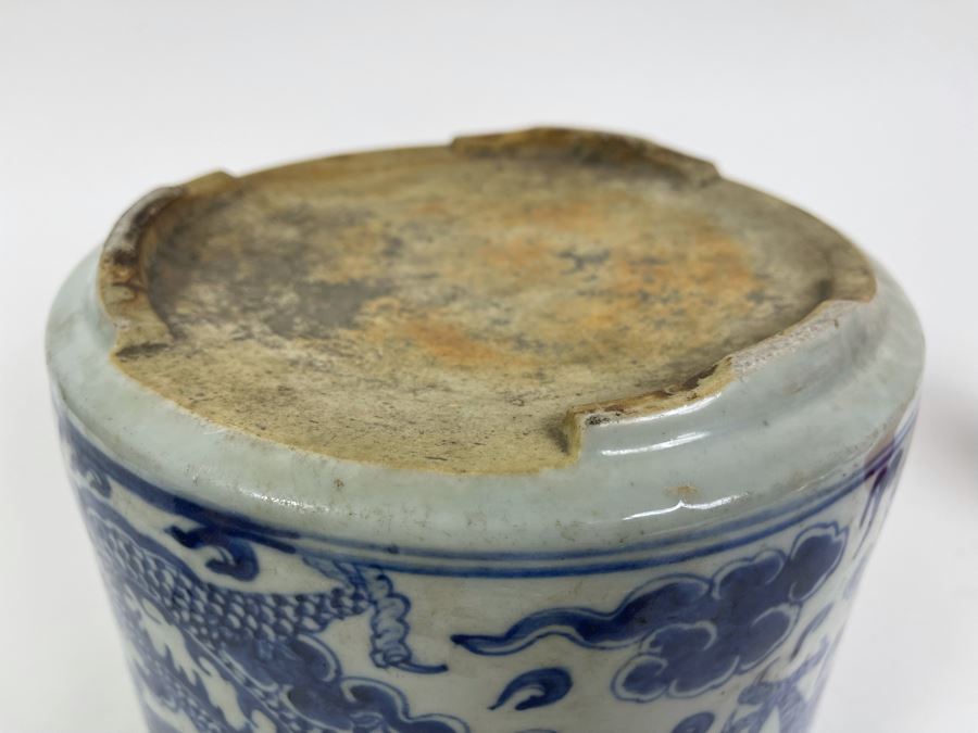 Antique Chinese Blue And White Porcelain Dragon Design Flower Pot 8.5W X 6.5H With Wooden Stand [Photo 21]