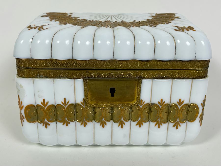 Impressive Vintage Gold Hand Decorated Milk Glass Box 6W X 4D X 4H [Photo 1]