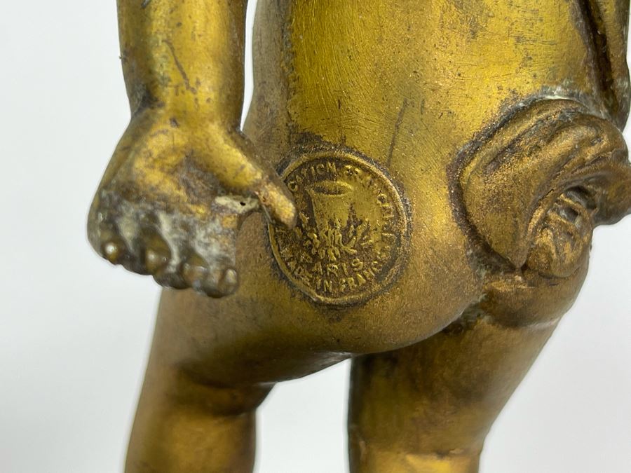 Pair Of French Gilt Metal Boys Sculptures On Marble Base Bookends Marked Paris France 8H [Photo 8]