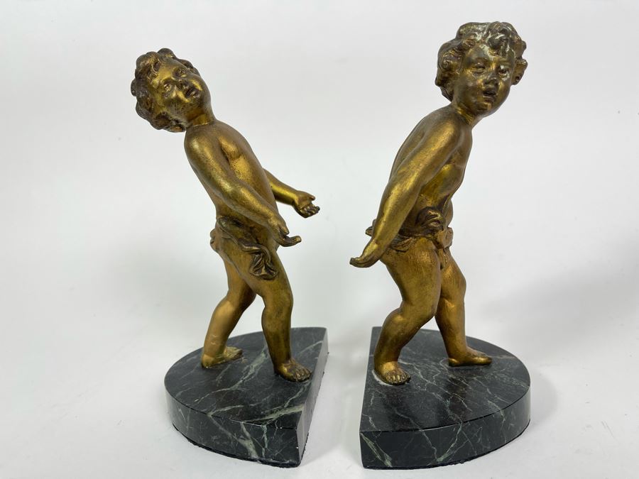 Pair Of French Gilt Metal Boys Sculptures On Marble Base Bookends Marked Paris France 8H [Photo 4]