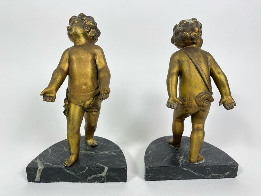 Pair Of French Gilt Metal Boys Sculptures On Marble Base Bookends Marked Paris France 8H [Photo 7]