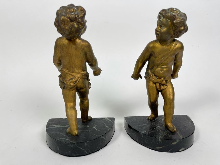 Pair Of French Gilt Metal Boys Sculptures On Marble Base Bookends Marked Paris France 8H [Photo 6]