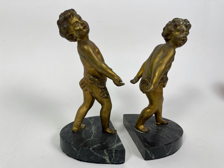 Pair Of French Gilt Metal Boys Sculptures On Marble Base Bookends Marked Paris France 8H [Photo 5]