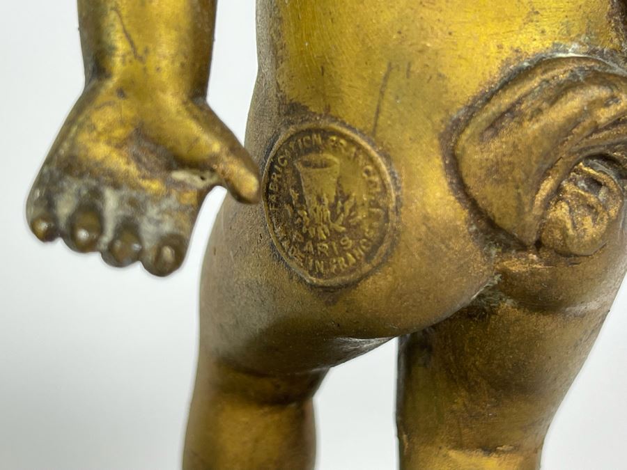 Pair Of French Gilt Metal Boys Sculptures On Marble Base Bookends Marked Paris France 8H [Photo 2]