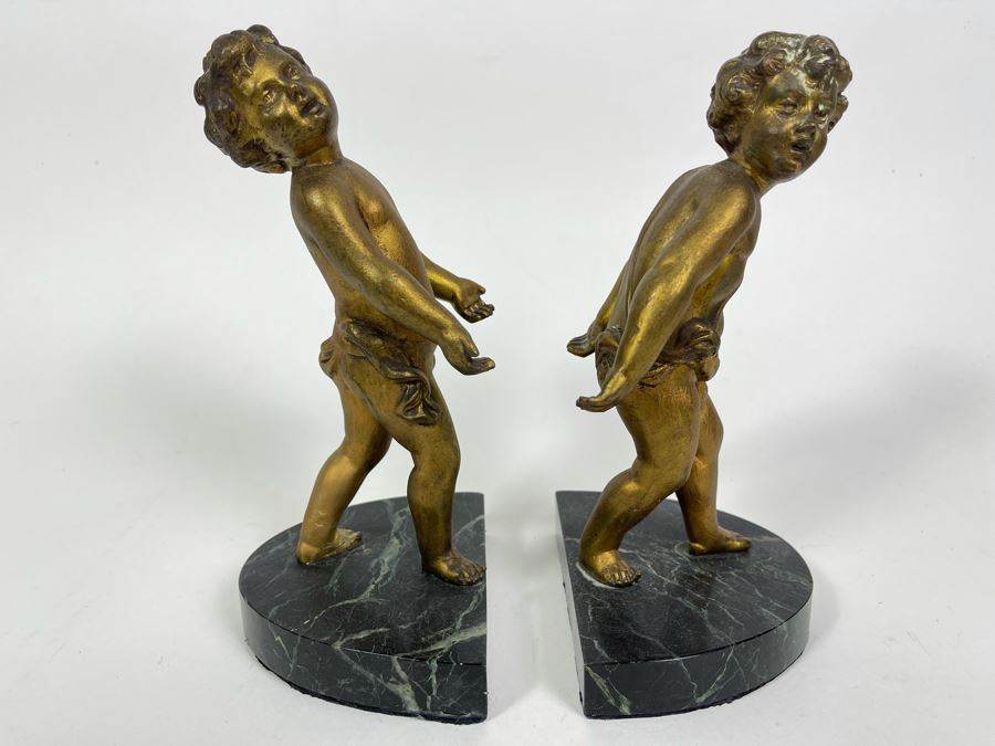 Pair Of French Gilt Metal Boys Sculptures On Marble Base Bookends Marked Paris France 8H