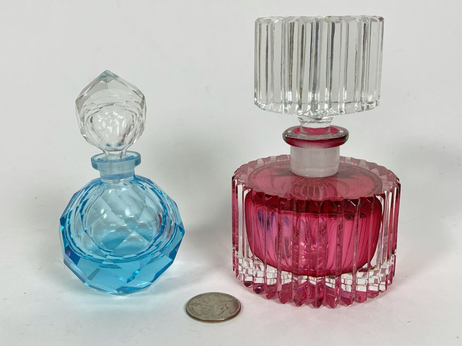 Pair Of Vintage Perfume Bottles 3.5H And 5H