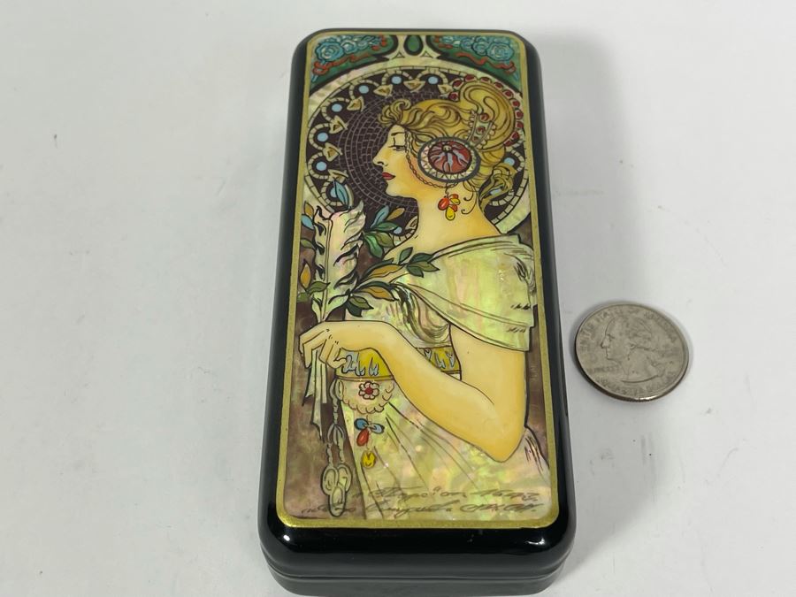 Fine Handmade Signed Russian Lacquer Box Art Nouveau Period Style After Alphonse Mucha With Inlaid Mother Of Pearl Design 2.25W X 5L X 1H [Photo 10]