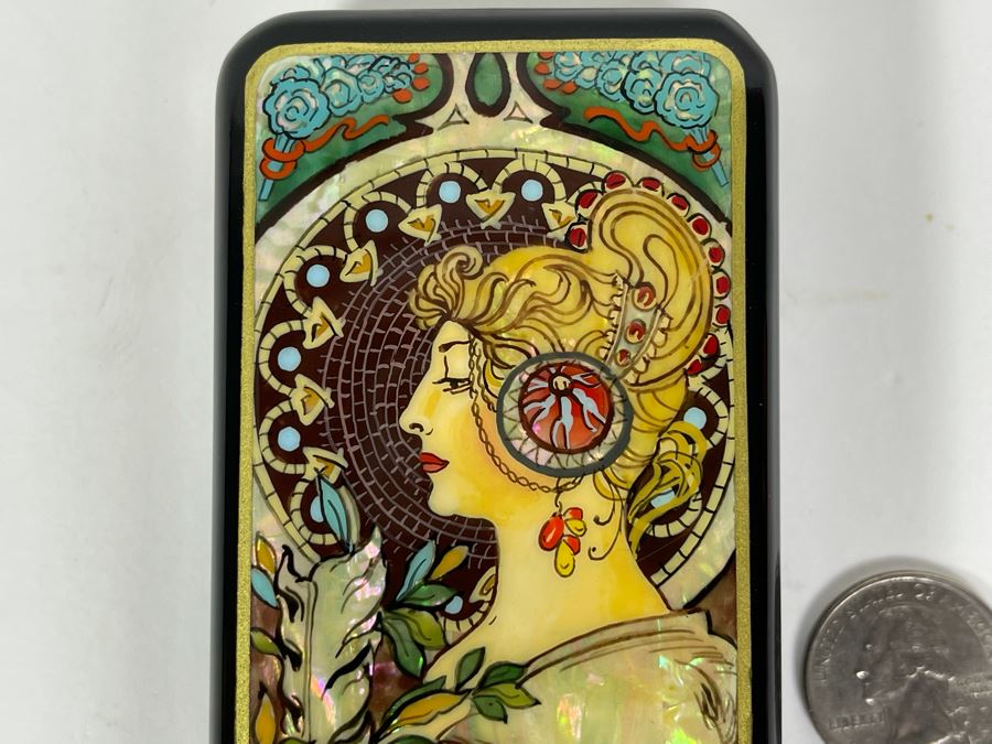 Fine Handmade Signed Russian Lacquer Box Art Nouveau Period Style After Alphonse Mucha With Inlaid Mother Of Pearl Design 2.25W X 5L X 1H [Photo 2]