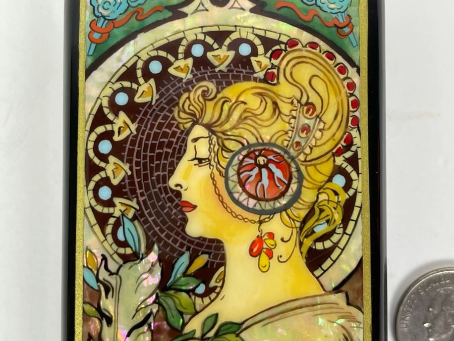 Fine Handmade Signed Russian Lacquer Box Art Nouveau Period Style After Alphonse Mucha With Inlaid Mother Of Pearl Design 2.25W X 5L X 1H [Photo 3]