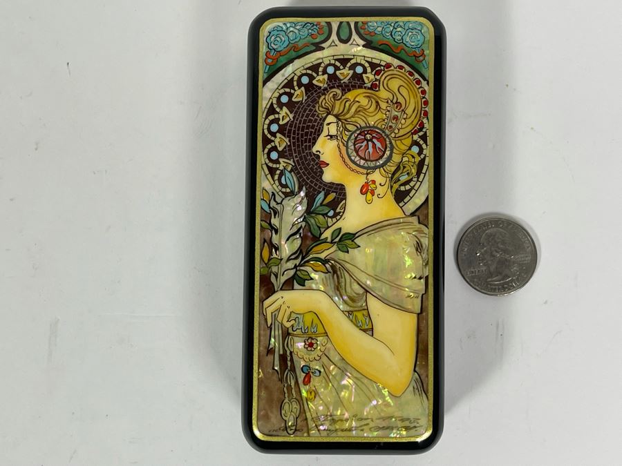 Fine Handmade Signed Russian Lacquer Box Art Nouveau Period Style After Alphonse Mucha With Inlaid Mother Of Pearl Design 2.25W X 5L X 1H [Photo 9]