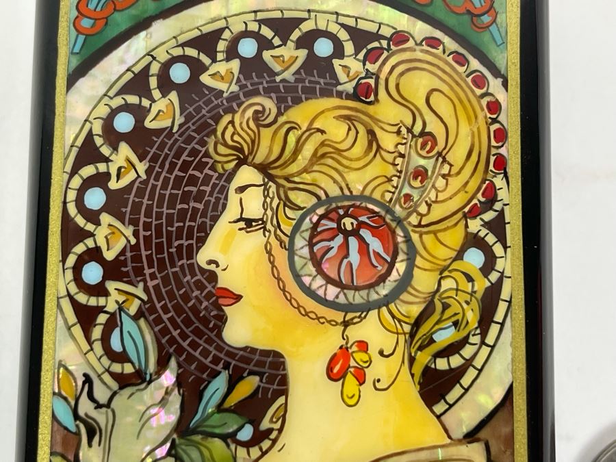 Fine Handmade Signed Russian Lacquer Box Art Nouveau Period Style After Alphonse Mucha With Inlaid Mother Of Pearl Design 2.25W X 5L X 1H [Photo 13]