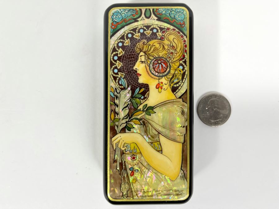 Fine Handmade Signed Russian Lacquer Box Art Nouveau Period Style After Alphonse Mucha With Inlaid Mother Of Pearl Design 2.25W X 5L X 1H [Photo 19]